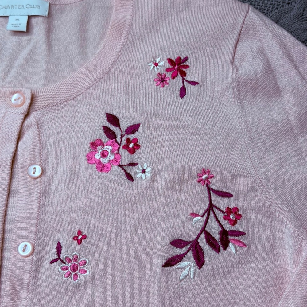 Charter Club Cardigan Womens PL Pink Floral Embroidered Button Front Sweater - Picture 4 of 8